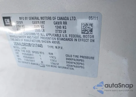 2011 Chevrolet Equinox 1Lt из США, поврежденный, VIN 2GNALDEC0B1317443